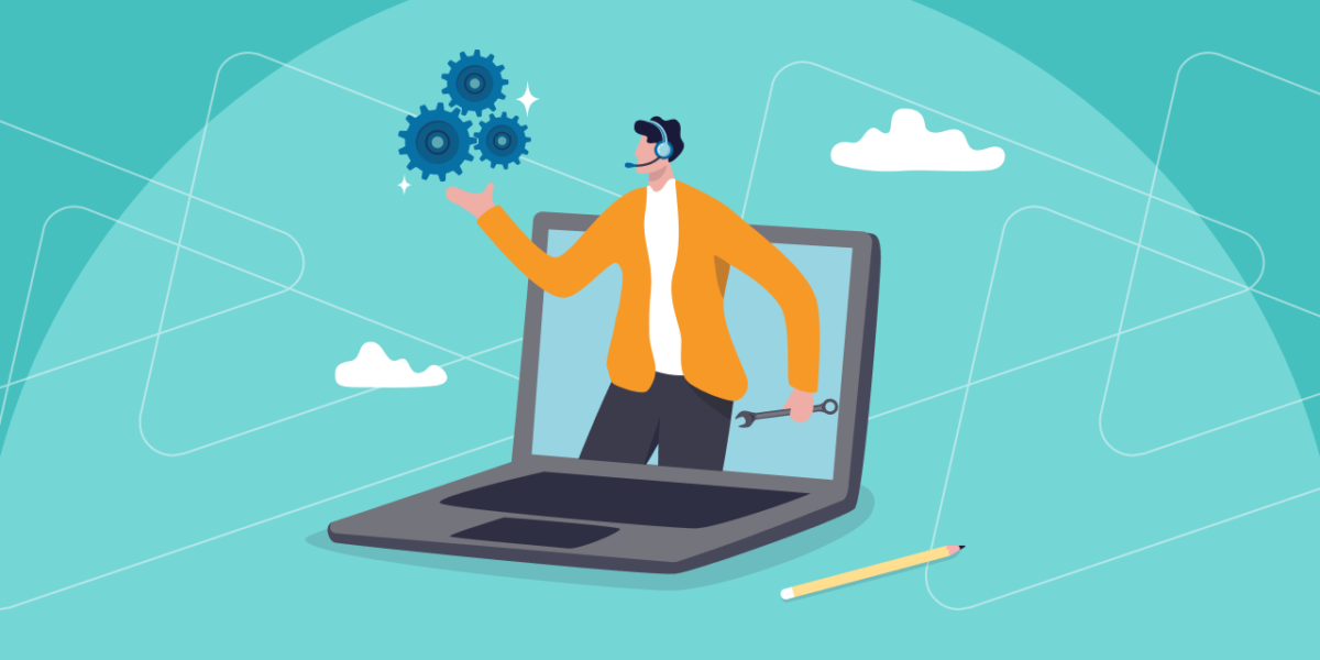Illustration of a support agent with a headset and wrench emerging from a laptop, holding a set of gears