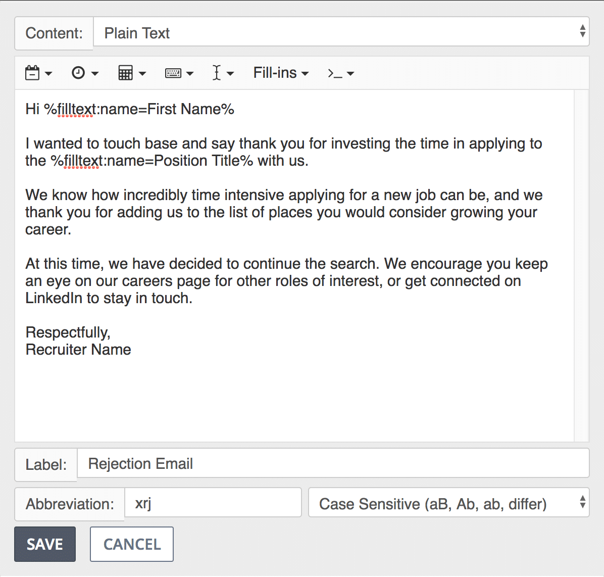 Preview of snippet for rejection email to candidates