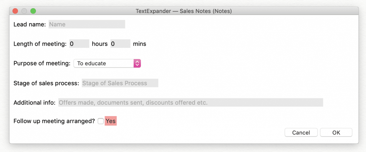 sales notes screenshot with lead name, length of meeting, purpose, sales stage and option to add additional info