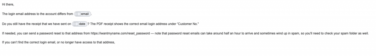 email helping customer with log-in detail