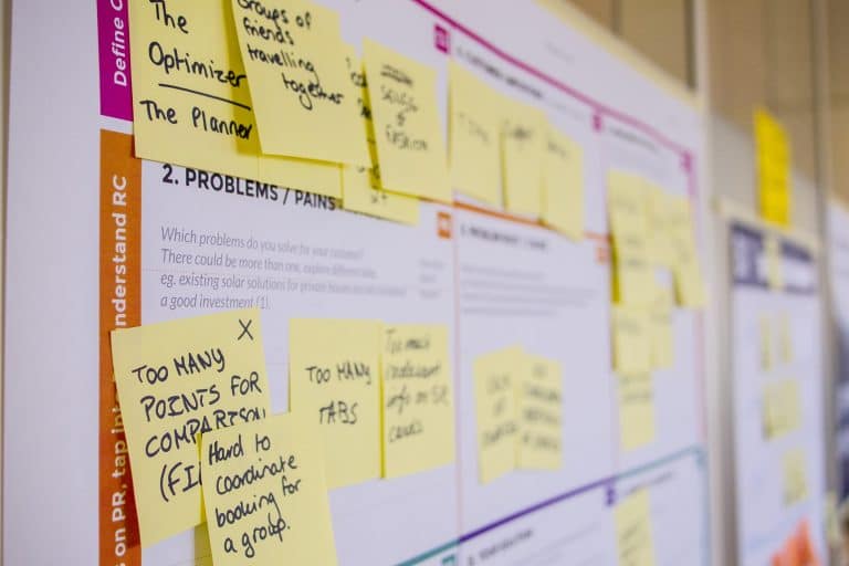 Wall covered in sticky notes on a customer problems and pains worksheet, such as Too many tabs and Hard to coordinate booking for a group