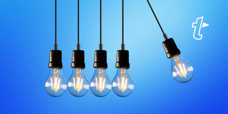 Row of hanging light bulbs with one swinging like a Newton's cradle, with the TextExpander logo