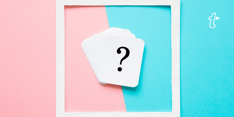 Fanned white cards with a question mark on a pink and blue background, with the TextExpander logo