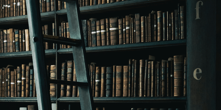 Old leather-bound books on dark library shelves with a rolling ladder