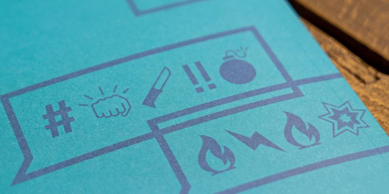 Speech bubbles printed with angry symbols like fists, a knife, a bomb and flames