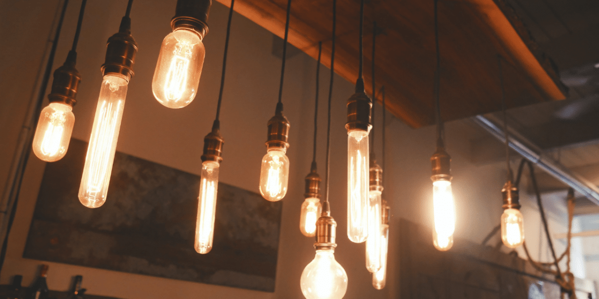 Glowing Edison light bulbs hanging from a ceiling, suggesting ideas and insights