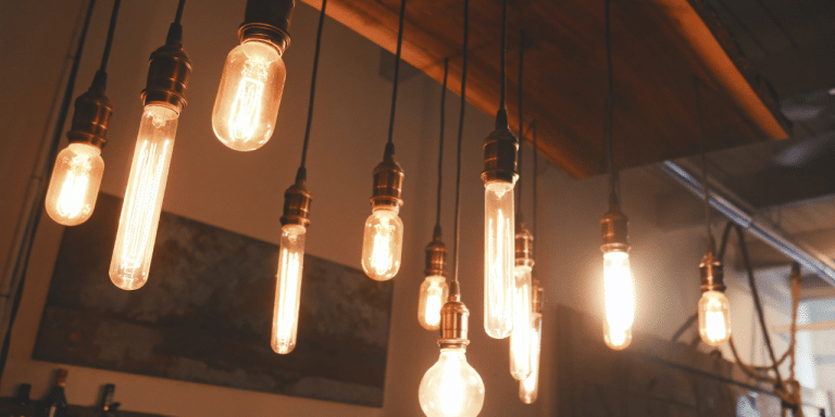 Glowing Edison light bulbs hanging from a ceiling, suggesting ideas and insights