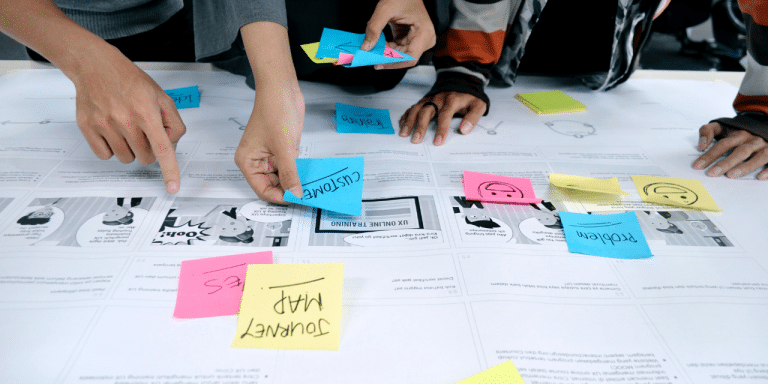 Team placing sticky notes labelled "Customer", "Problem" and "Journey map" on a printed customer journey map