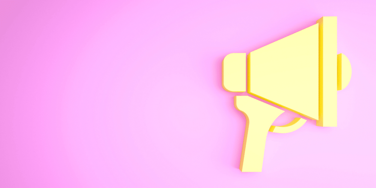 A yellow megaphone graphic on a bright pink background