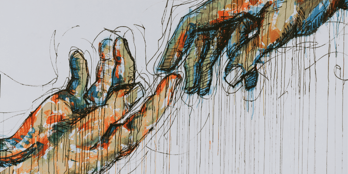 Painting of two hands reaching toward each other, symbolising trust