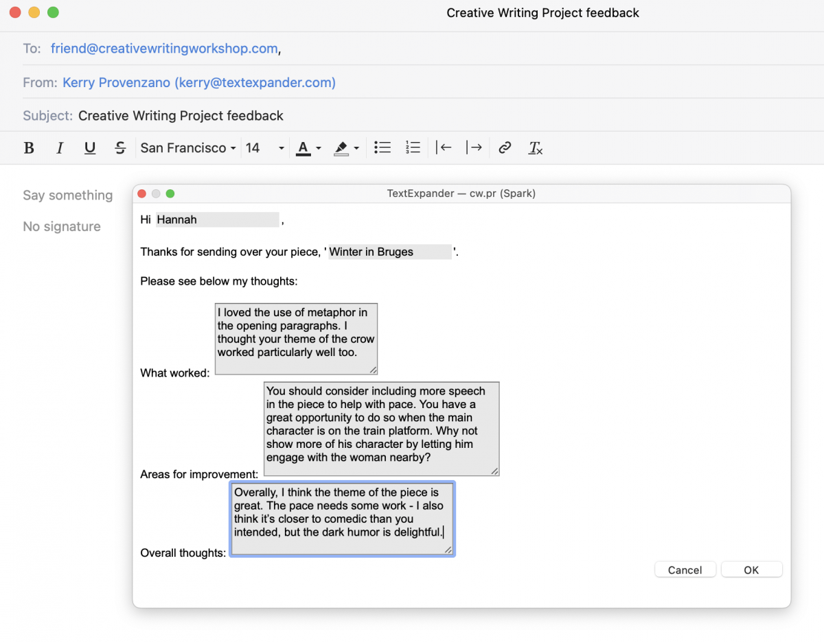 Peer review snippet screenshot from the TextExpander Creative Writing Public Group