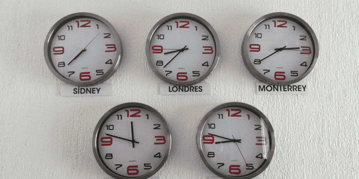 Clocks on the wall show time in different cities