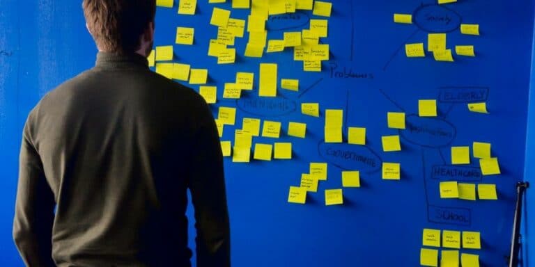A board filled with post-it notes from a brainstorming session