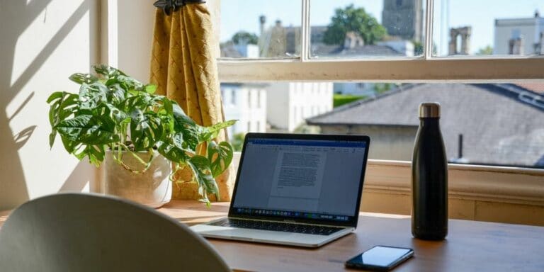 A home desk facing an open window, letting in the sun. The desk has an open laptop, bottle of water, mobile phone and a green houseplant on it.