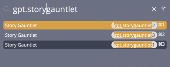 Searching for gpt.storygauntlet in TextExpander inline search