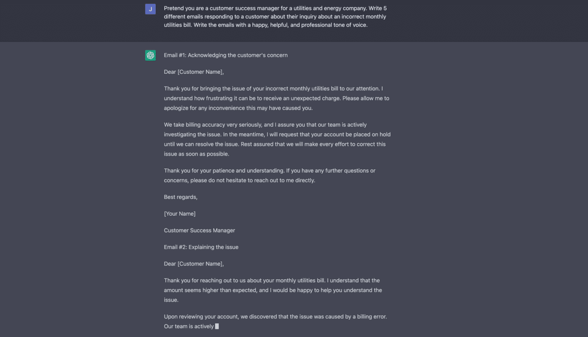 Generating customer support responses in ChatGPT