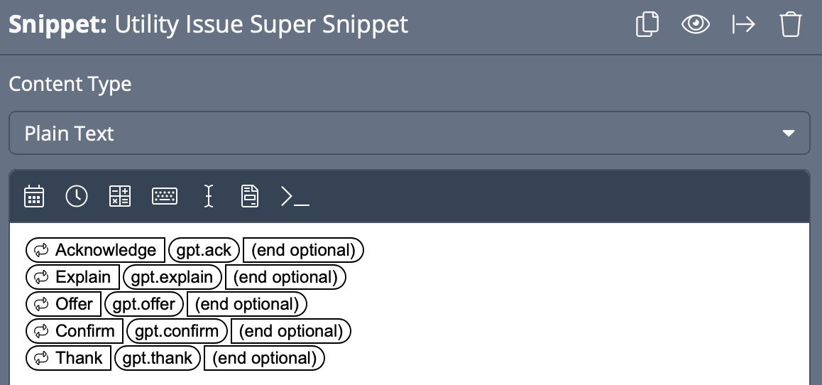 Using Optional sections to create a menu of multiple Snippets.