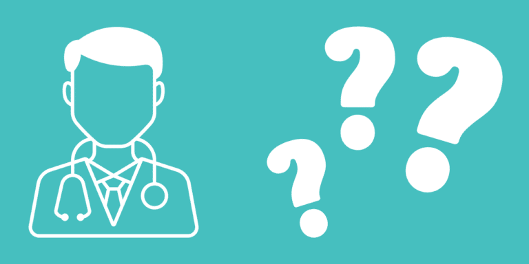 Illustration of a doctor icon with a stethoscope beside three question marks on a teal background