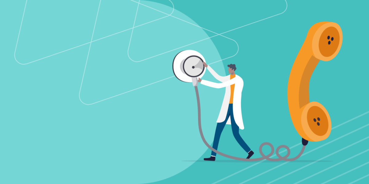 Illustration of a doctor carrying a giant stethoscope connected to an oversized phone handset