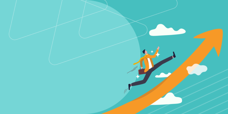 Illustration of a businessman with a briefcase leaping up a rising orange arrow, representing growth
