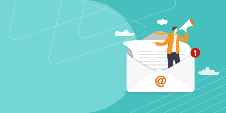 Illustration of a person with a megaphone standing in an open email envelope with a notification badge
