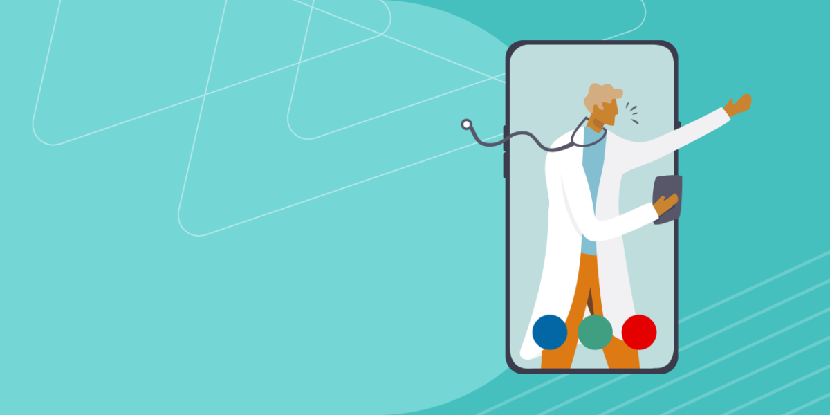 Illustration of a doctor with a stethoscope and tablet stepping out of a smartphone screen, representing AI and telehealth