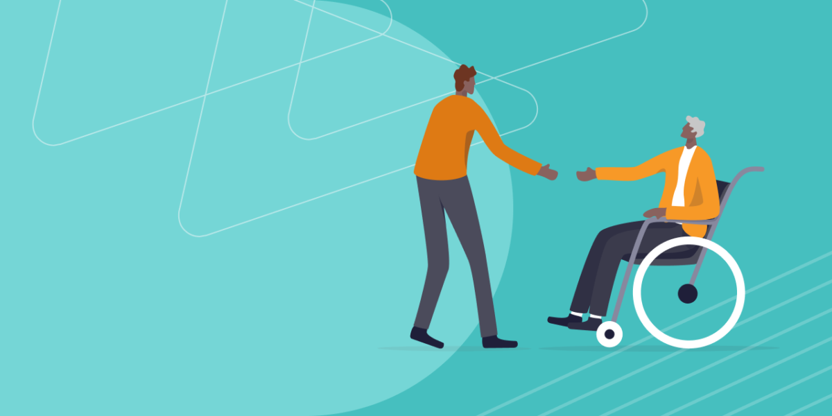 Illustration of a man reaching to shake hands with an older man in a wheelchair