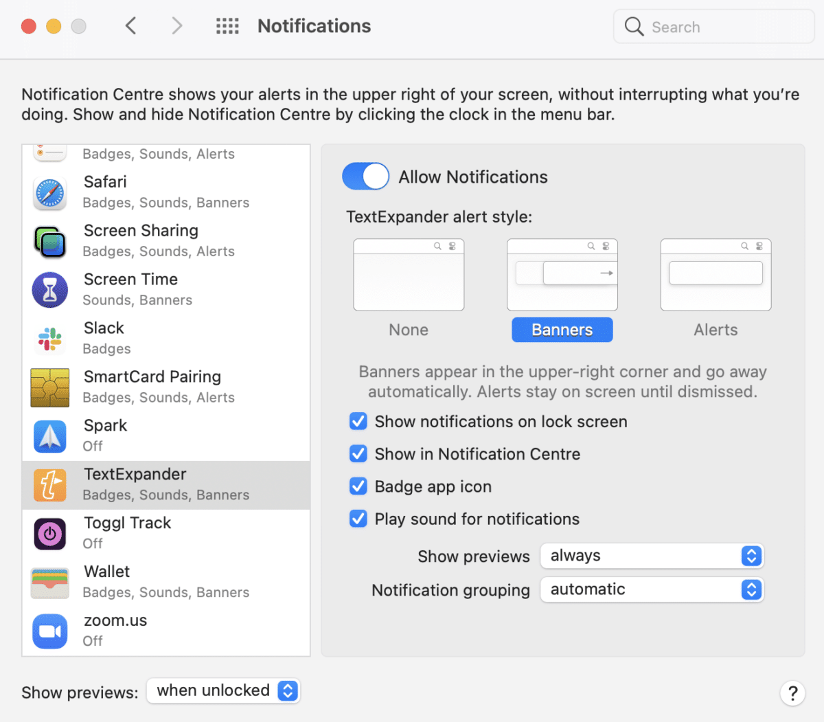 System Preferences window showing TextExpander sound notifications options