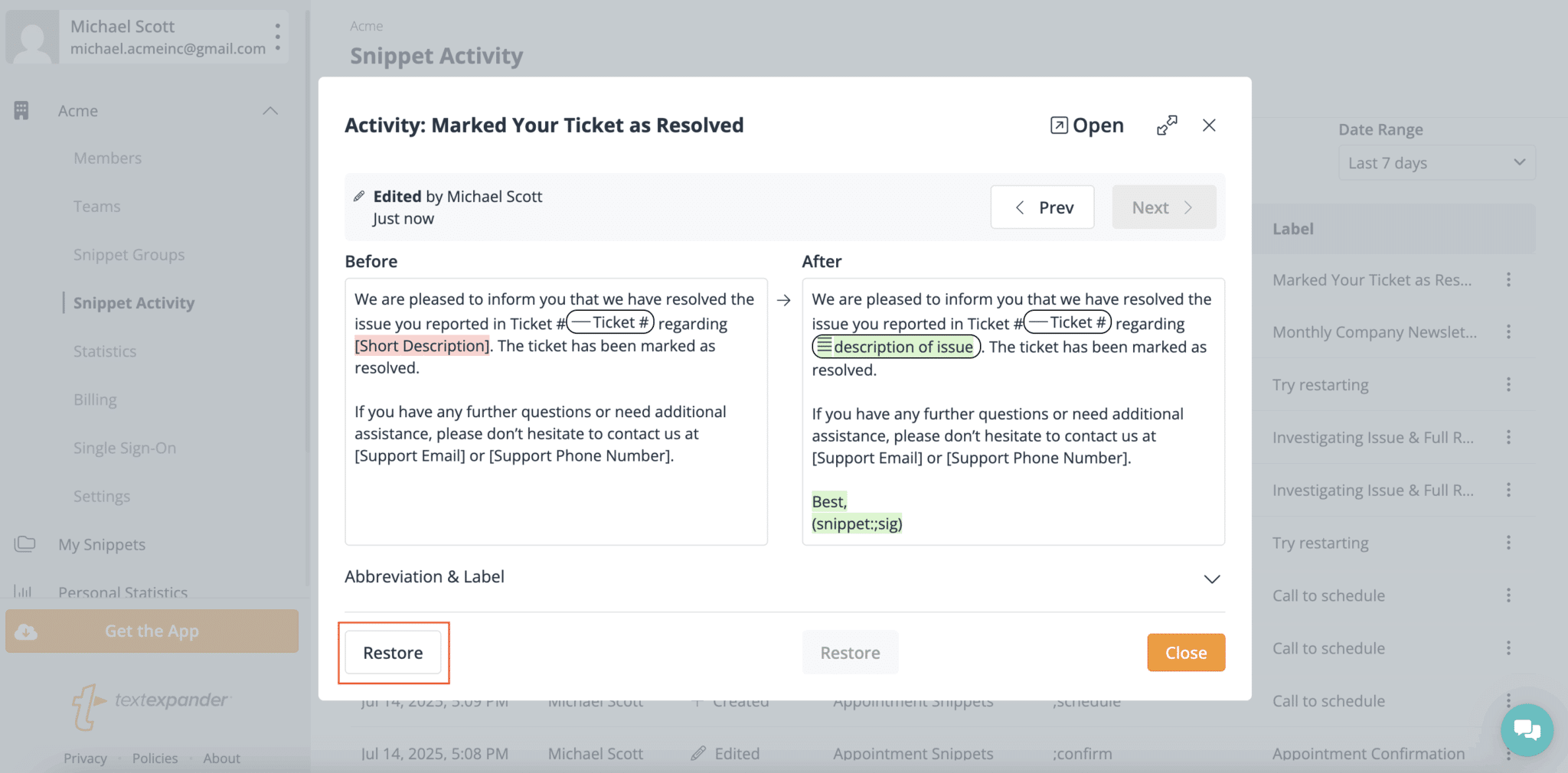 Tracking Snippet Changes with Snippet Activity