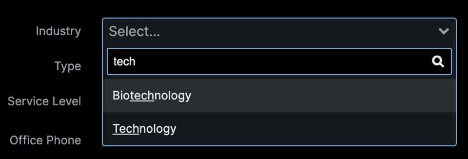 "tech" typed into the SugarCRM Industry field. Biotechnology and Technology are both suggested.