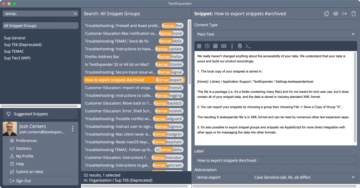 Searching for customer support Snippets in TextExpander.