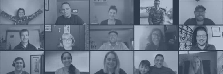 Grid of smiling TextExpander team members on a video call, in a blue-tinted banner