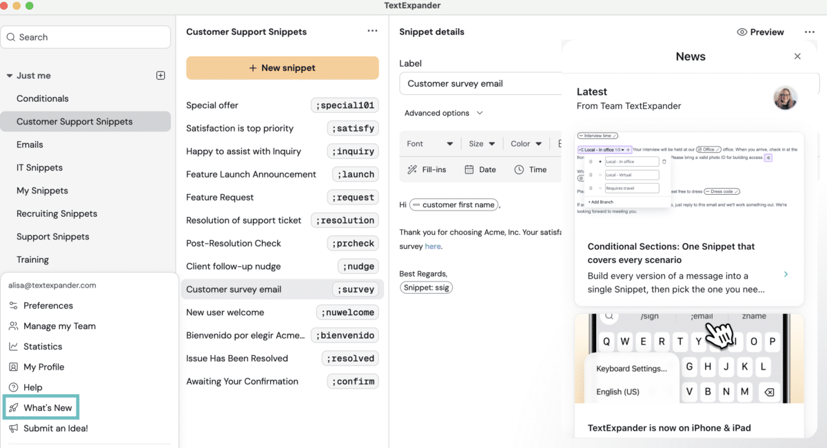 A screenshot of the TextExpander interface showing the What's New section.