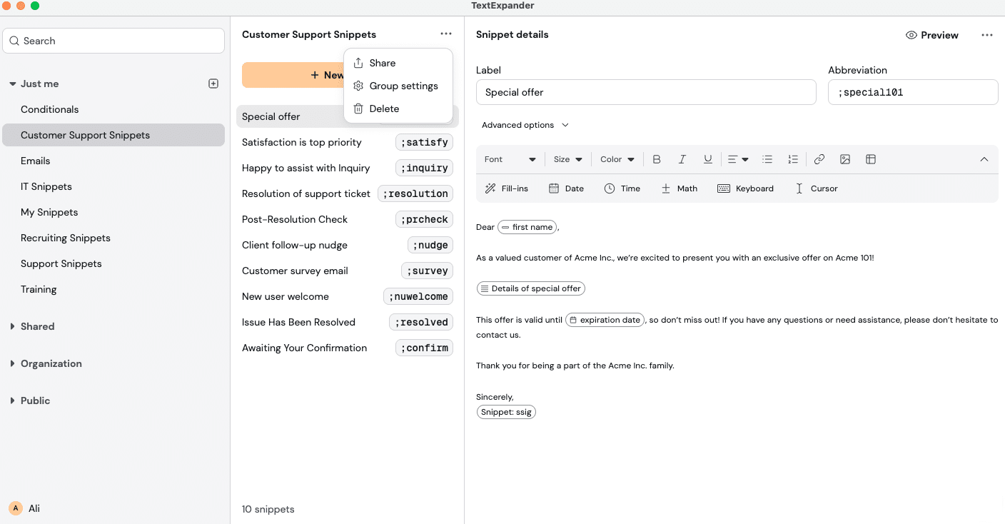 A screenshot of TextExpander's Snippet and Snippet Group management interface