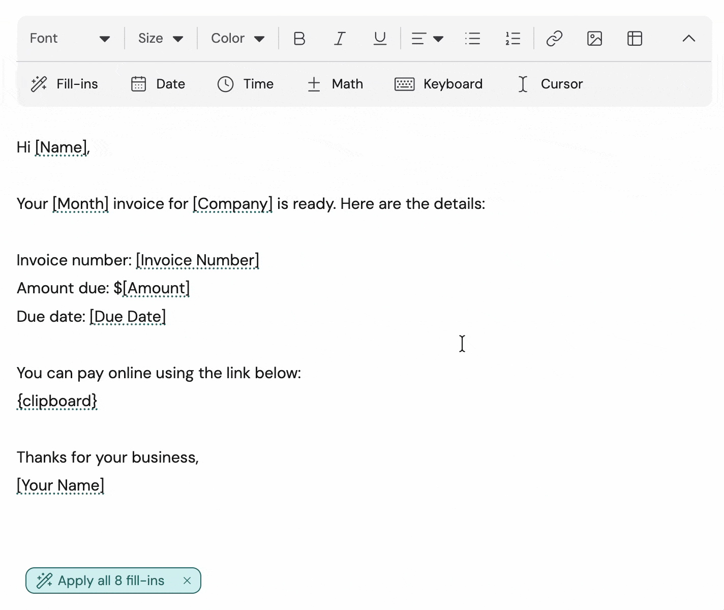 An animated image showing Fill-in suggestions spotting placeholder text and converting it to Fill-ins.
