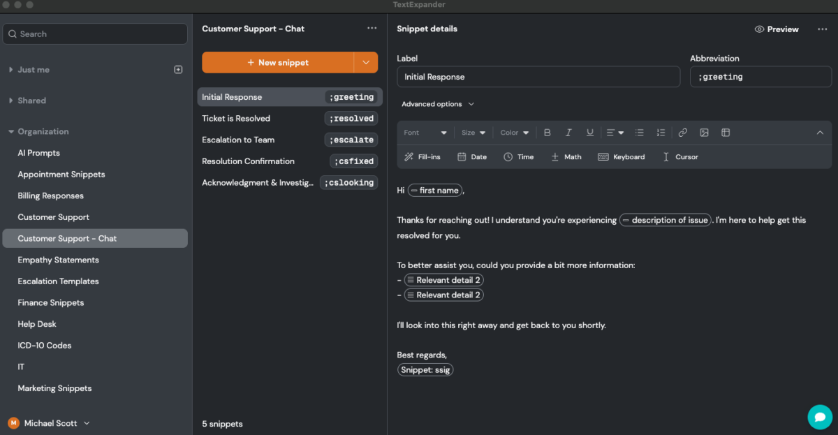 A screenshot showing TextExpander 8.5 in dark mode