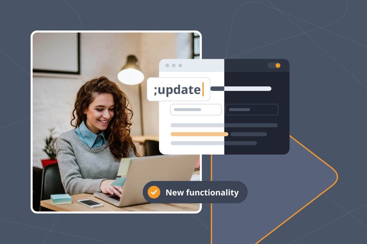 TextExpander updates in 8.5: a smiling woman at her laptop next to an app window shown in both light and dark mode.