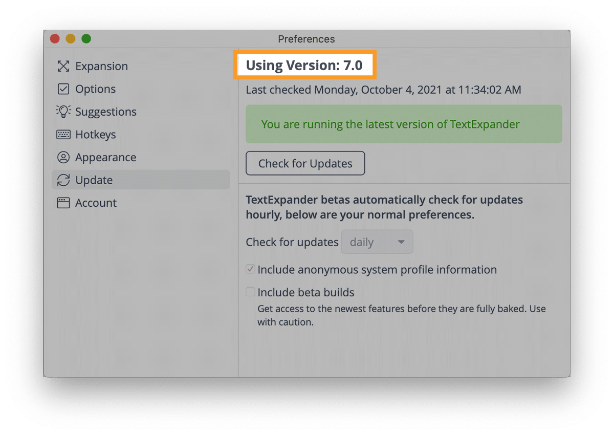 TextExpander Preferences Update window
