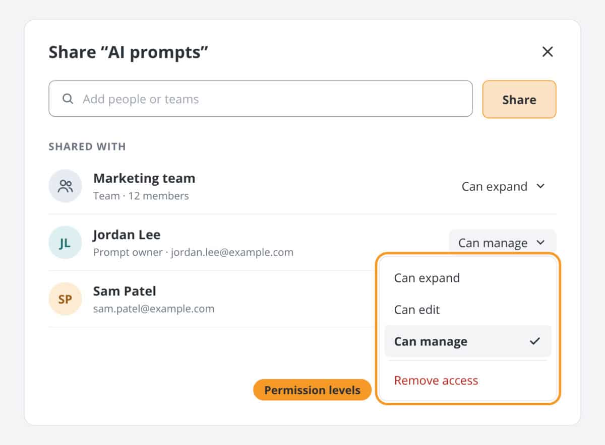 AI prompt library sharing settings in TextExpander, with the team set to Can expand and the prompt owner set to Can manage