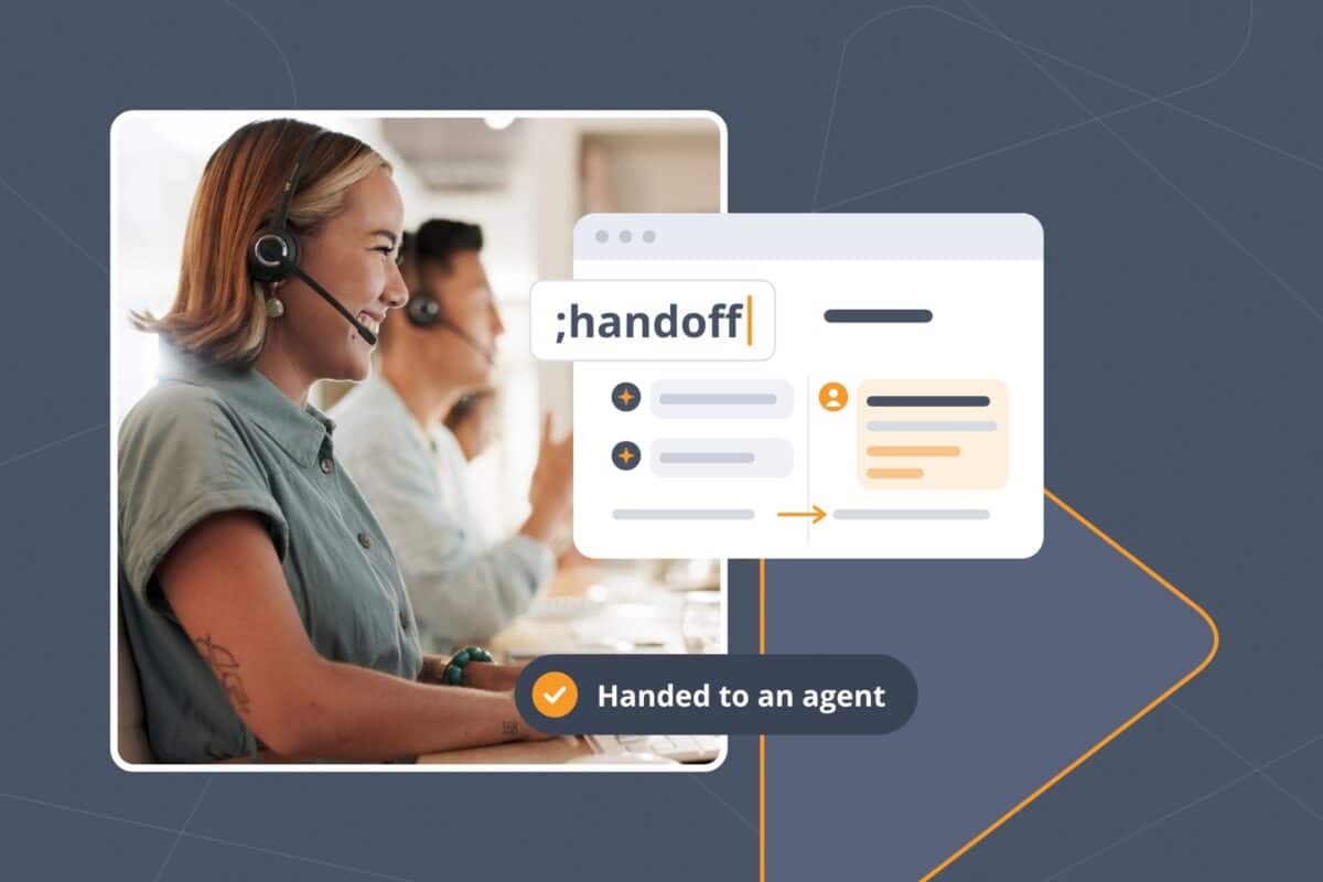 Call center agent smiling at her desk beside a chat that moves from AI chatbot replies to a human agent, finding the balance in AI vs. human agents with the ;handoff Snippet.