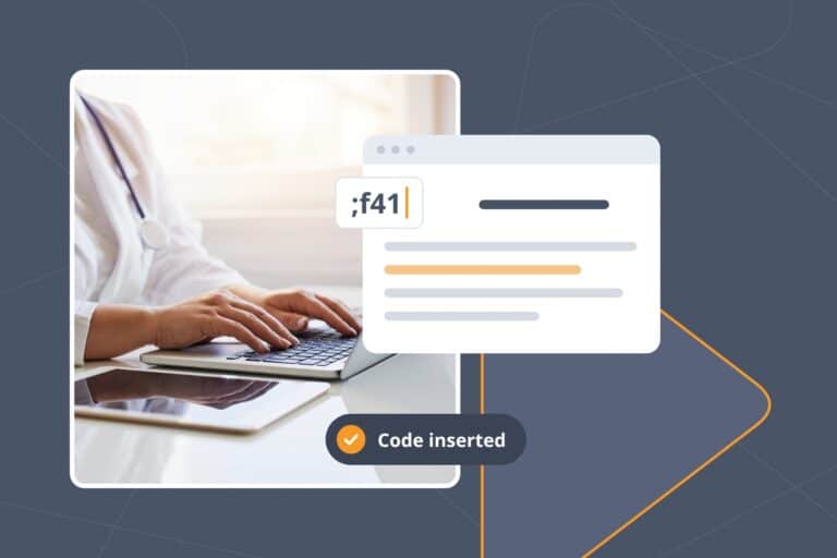 Clinician typing at a laptop beside a clinical note where the ;f41 Snippet inserts anxiety and depression ICD-10 codes.
