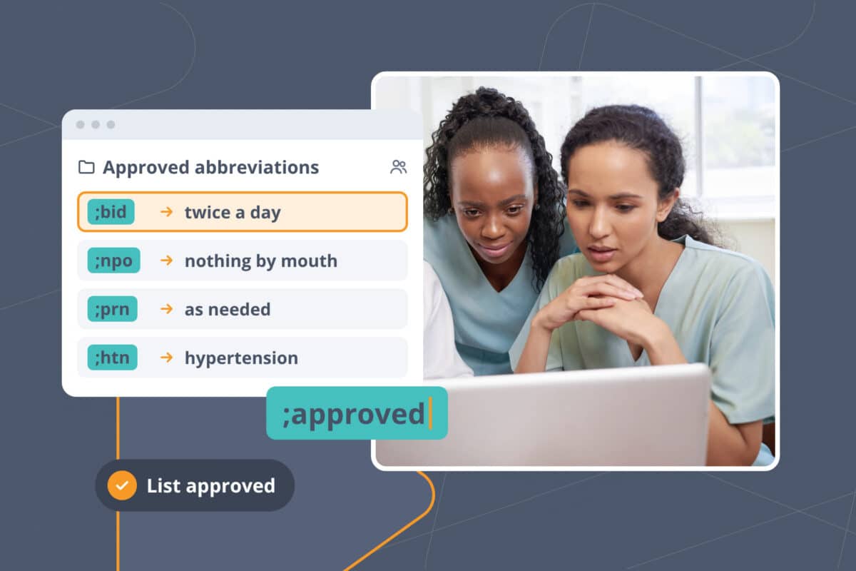 Approved medical abbreviations as a shared Snippet Group, with ;bid expanding to “twice a day,” beside two clinicians reviewing a laptop