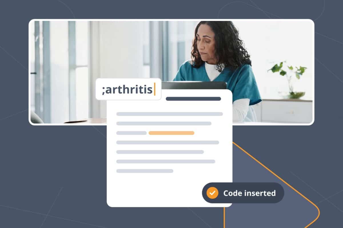 Arthritis ICD-10 code inserted into a clinical note as a clinician reviews a patient record at her desk.