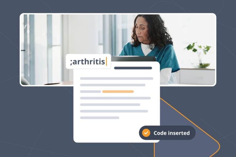 Arthritis ICD-10 code inserted into a clinical note as a clinician reviews a patient record at her desk.