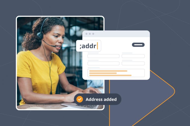 Person at a laptop typing ;addr, which expands into a full mailing address in a web form without any script.