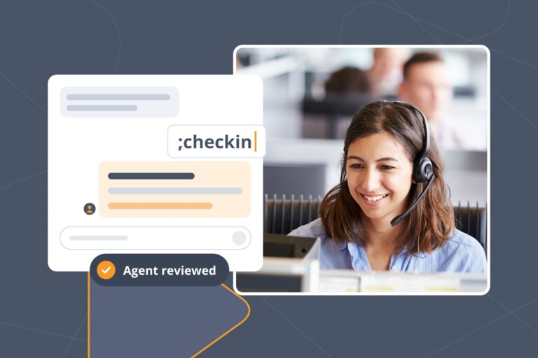 Call center agent smiling at her desk beside a support chat where she reviews an automated reply with the ;checkin Snippet, showing how to automate customer support without losing the human touch.