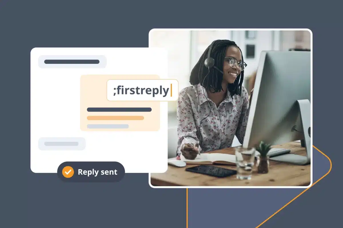 Support agent at a laptop answering a live chat with the ;firstreply snippet in TextExpander