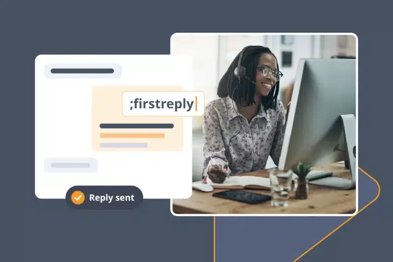 Support agent at a laptop answering a live chat with the ;firstreply snippet in TextExpander