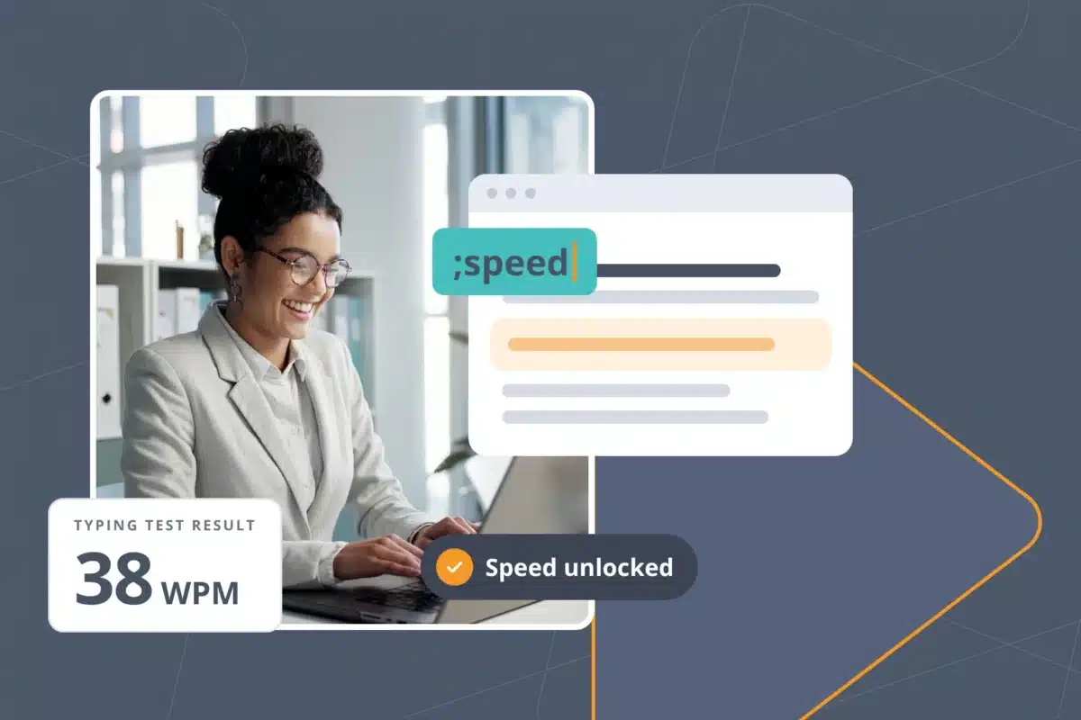 Person typing on a laptop beside a 38 WPM typing test result and a screen where the ;speed Snippet expands a reply