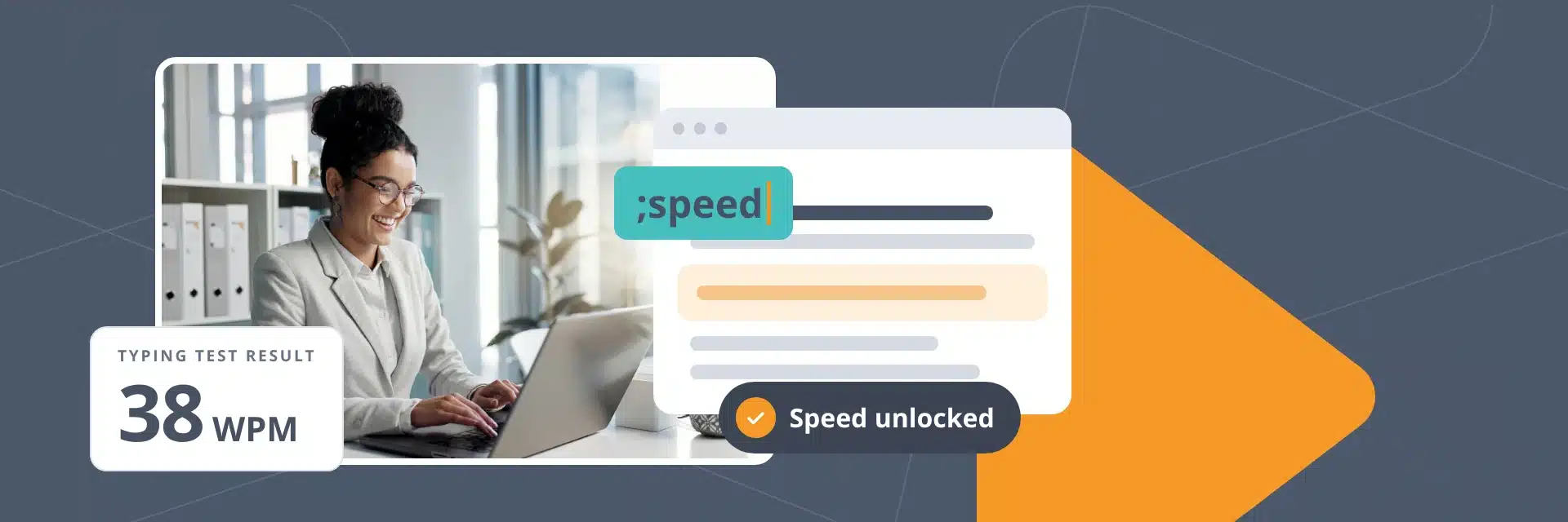 Person typing on a laptop beside a 38 WPM typing test result and a screen where the ;speed Snippet expands a reply